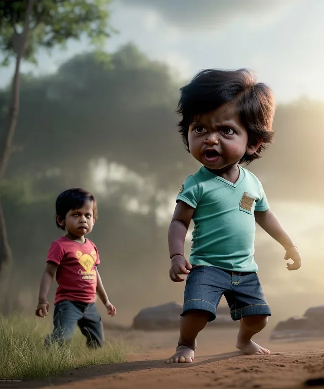 Raj kootrappali toddler, full body, dramatic lighting, angry, hyper realistic,