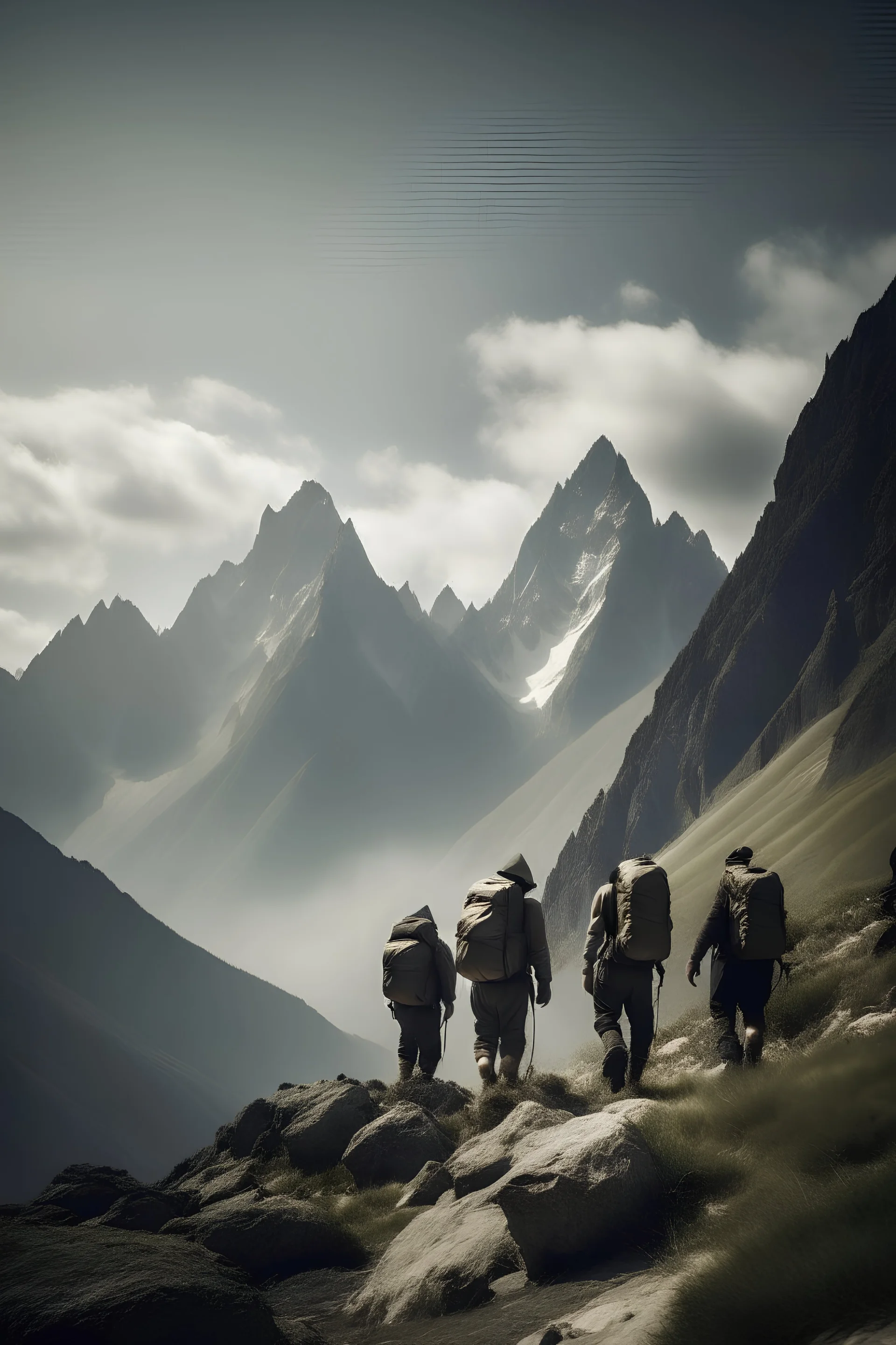 A serene photograph of a group of hikers surrounded by towering mountains, representing the joys of exploring the natural world and embracing personal growth through outdoor adventures.