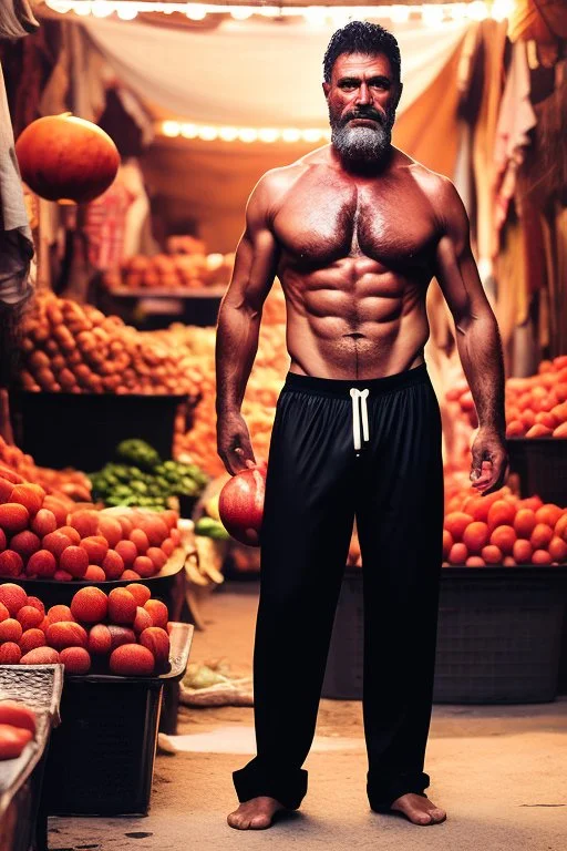 full body shot photography, turkish man at night, 53 years old with hands on the flap, manly chest, muscular strong chubby , long beard, dirty, serious, stand up on a crowded street, sells watermelons at his stall, sweat, shirtless, open legs, white pants, shaved hair, ugly, big thighs, bullneck, big shoulders, photo realistic, photographic, super detailed, hyper realistic, UHD, dim light, frontal view from the ground, ambient occlusion