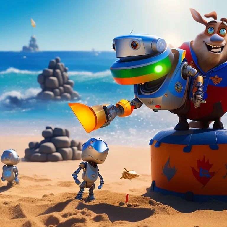 The robot and the moose on the beach happily making sandcastles in the sun, art by Pixar and Disney