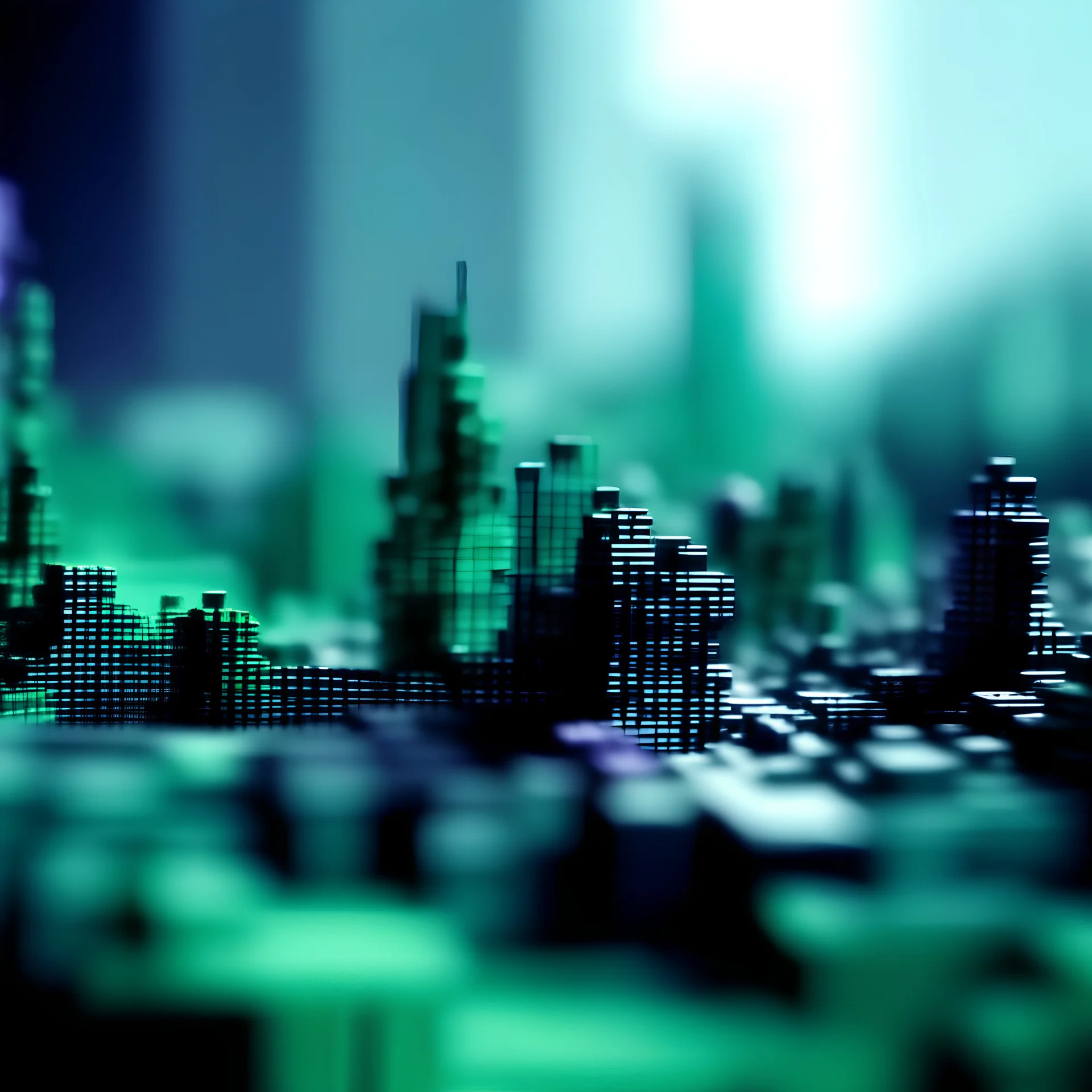 A striking and very out of focus 35mm photograph of a minimalist and abstract digital city. Colors are black, light blue and light green, and purple., with a heavy granular texture. The overall atmosphere of the photo is digital and modern.