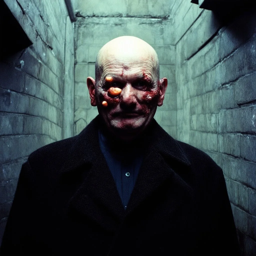 very grainy discolored photo, portrait, dark sewer, grunge, 2000s Russia, punk, outcast, rough, confident, bald older male wearing a coat, extremely pale skin, large flesh bulbs grow out of his face and covering a lot of it, face is disproportionally deformed, hunchback, sewer dweller