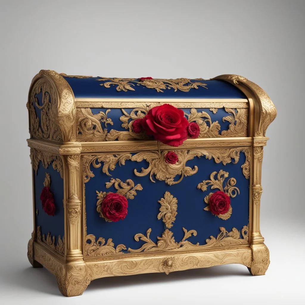 A golden antique chest with red roses and midnight blue appliqués.White background