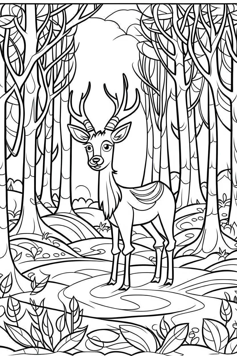 coloring page, deer in the woods, cartoon style, thick lines, low detail, no shading