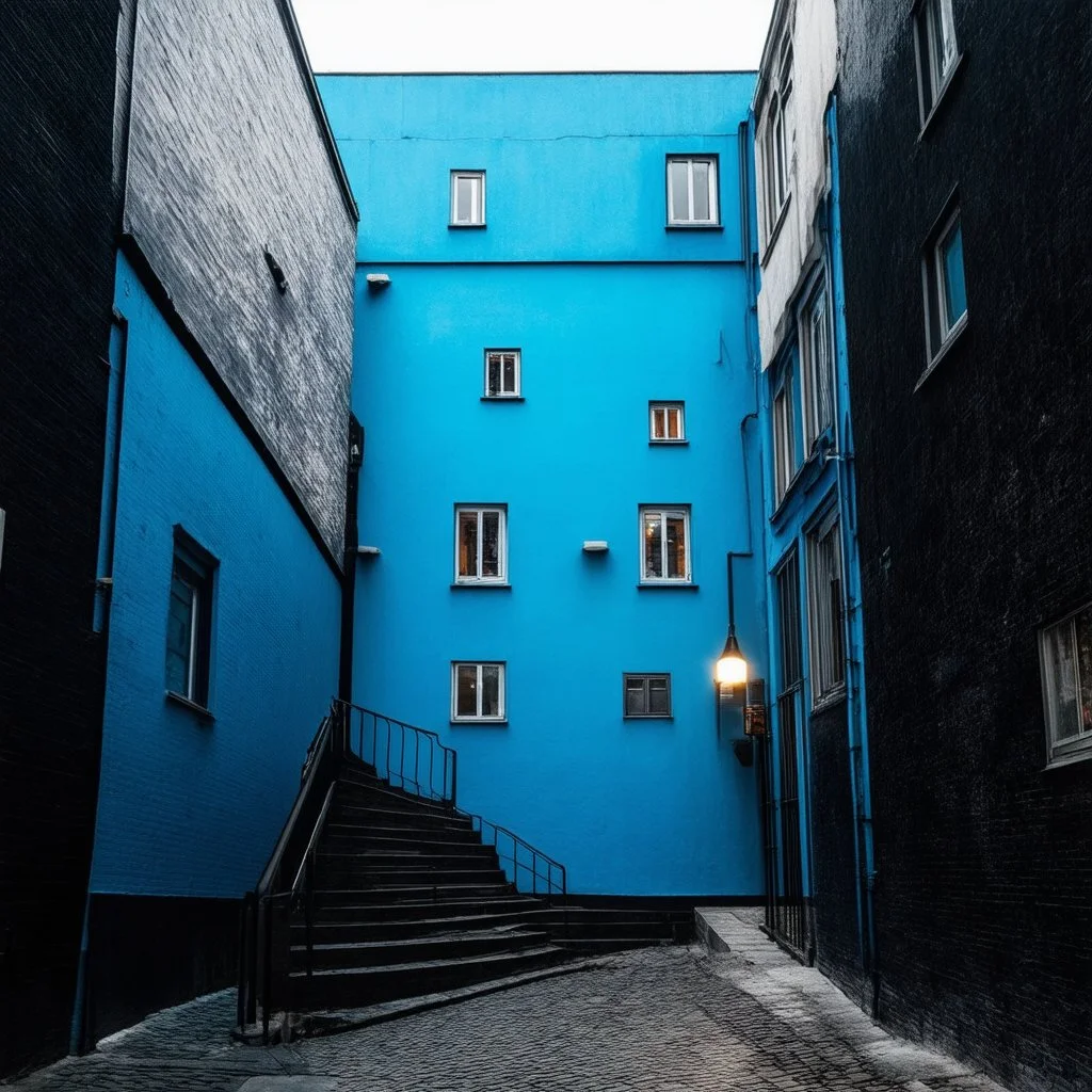 Fotografia di strada assurda e falsa orripilante blu weirdcore dai colori vivaci, liminalcore. Escher. Scale che scendono. Yves Tanguy. Non luogo falso, inusuale. Le case sono false e dipinte di nero chiaro con cose stilizzate e dettagli. Ci sono finestrelle false quadrate, che danno un senso distopico e molto surreale, disposte in modo casuale. L'atmosfera generale sembra noiosa e onirica, con un contrasto tra elementi reali ed elementi dipinti falsi, René Magritte, oddest things