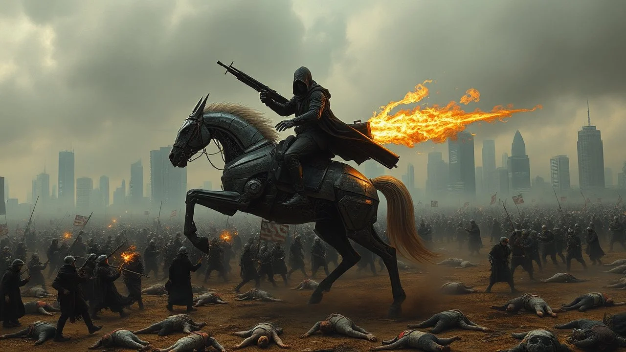 detalied cyberpunk interpretation of Bruegel's "The Triumph of Death", capturing the symbolic "harvest" of humanity with terror. dystopian metropolis under smog sky, cybernetic soliders reapers executing physical harvest army of cyberwarrior and robotic soliders many humans citizens killed, many panicking and run away far away people ,many human bodies lying on the ground. a cyber-death warrior in black hood with futuristic gun on an mechanical robotic horse, thriller, cinematic