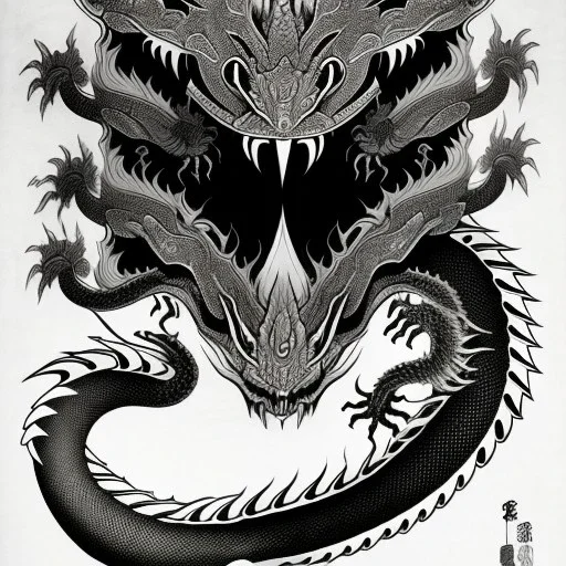 Ukiyo-e styled art, black and white dragon