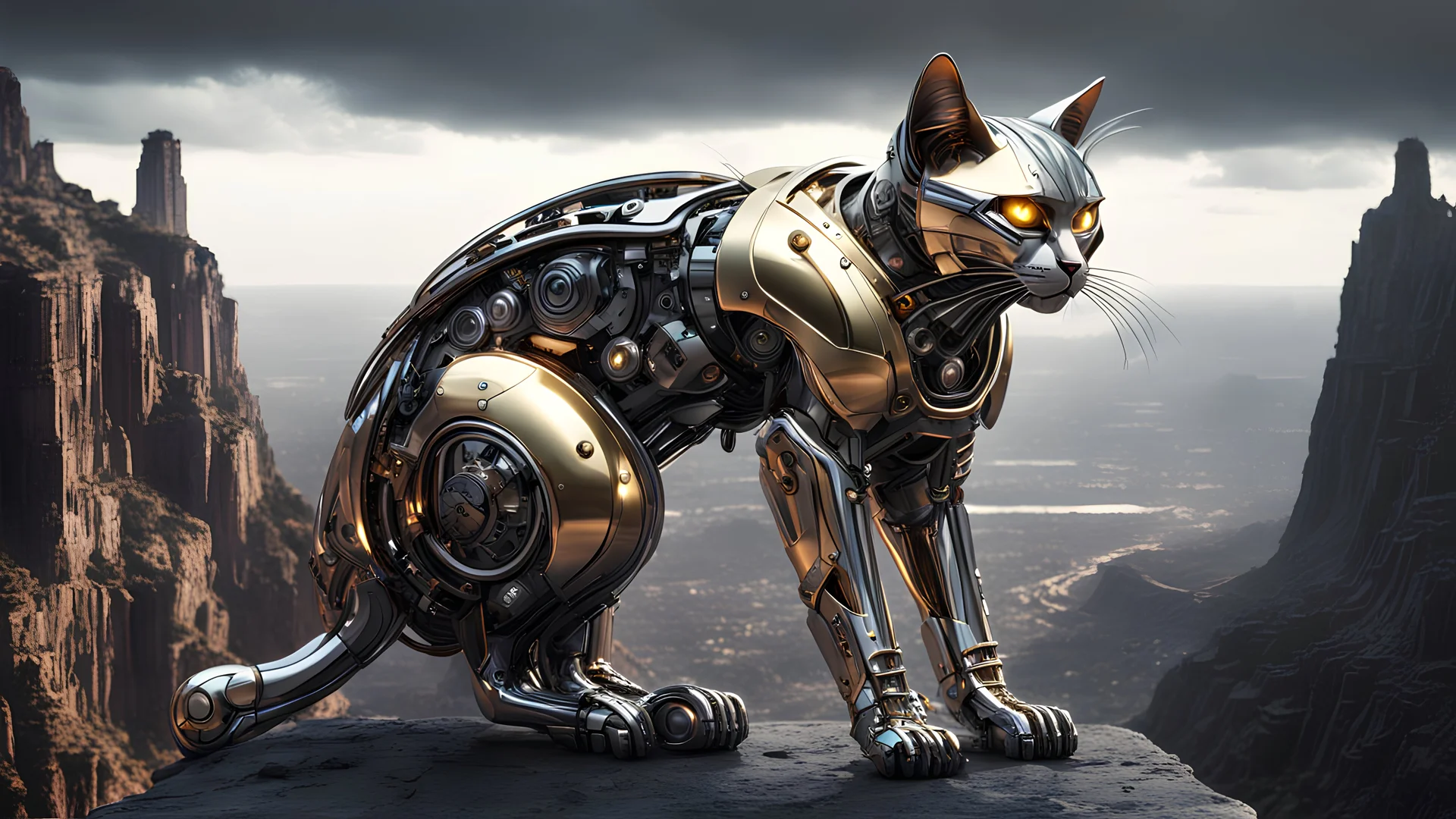 dark portrait of a detailed chrome & gold cyborg cat on a cliff edge. alien mega structure buildings everywhere. futuristic. photoreal