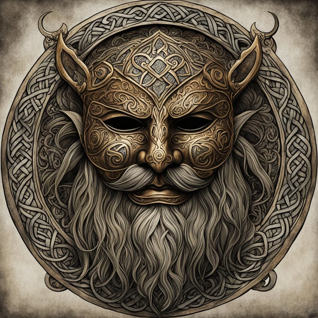 create a full color ink wash and watercolor illustration of a richly patinaed bronze druid ceremonial mask utilizing historic Celtic decorative motifs, intricately detailed and sharply defined in the style of Arthur Rackham