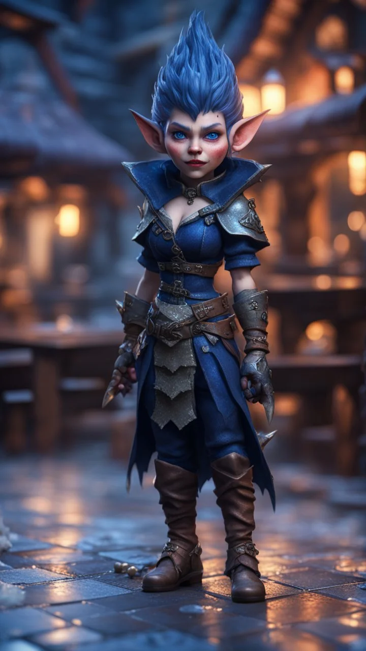 full figure with metallic stone gauntlets holding dark blue jagged dagger, standing on wet tiled floor outside fantasy tavern, female vampire gnome from worms armageddon wearing makeup, bokeh like f/0.8, tilt-shift lens 8k, high detail, smooth render, down-light, unreal engine, prize winning