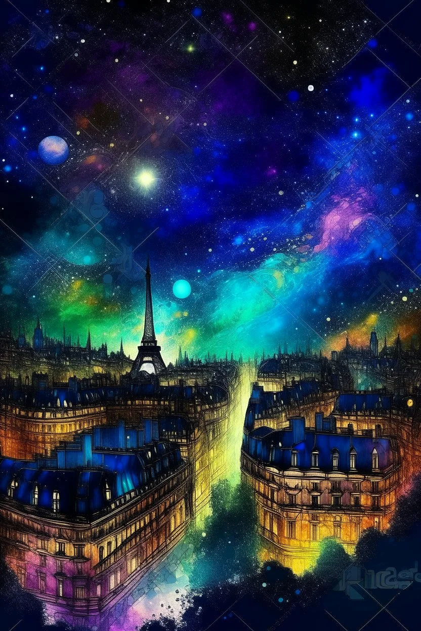 Paris City buildings at night in Abstract Fluid, Galaxy nebula