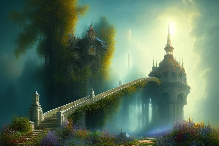 long stairway up to heaven, atmospheric, mystical, beautiful colours, romanticism, fantasy, Neo-Impressionism, fine art