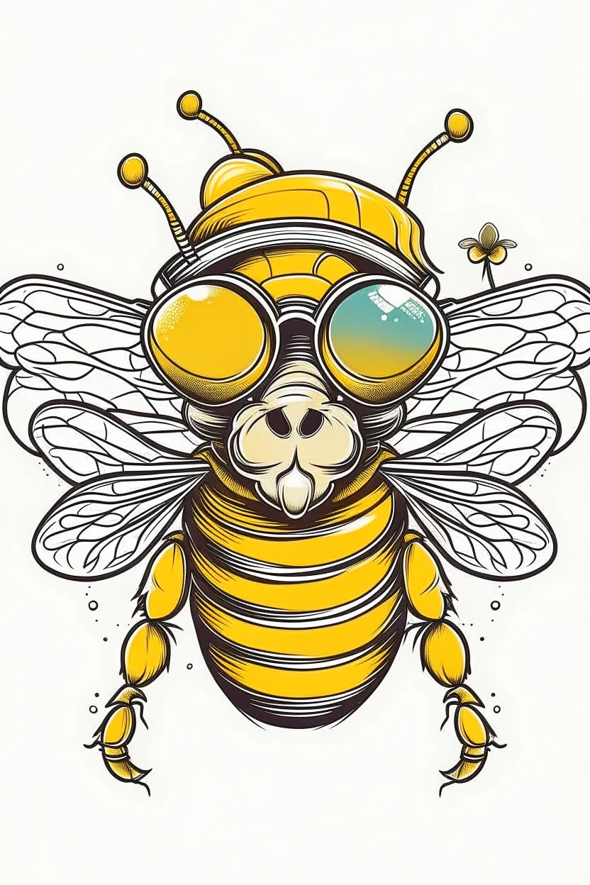 BEE wearing sunglasses, Style: Retro 10s, Mood: Groovy, T-shirt design graphic, vector, contour, white background.