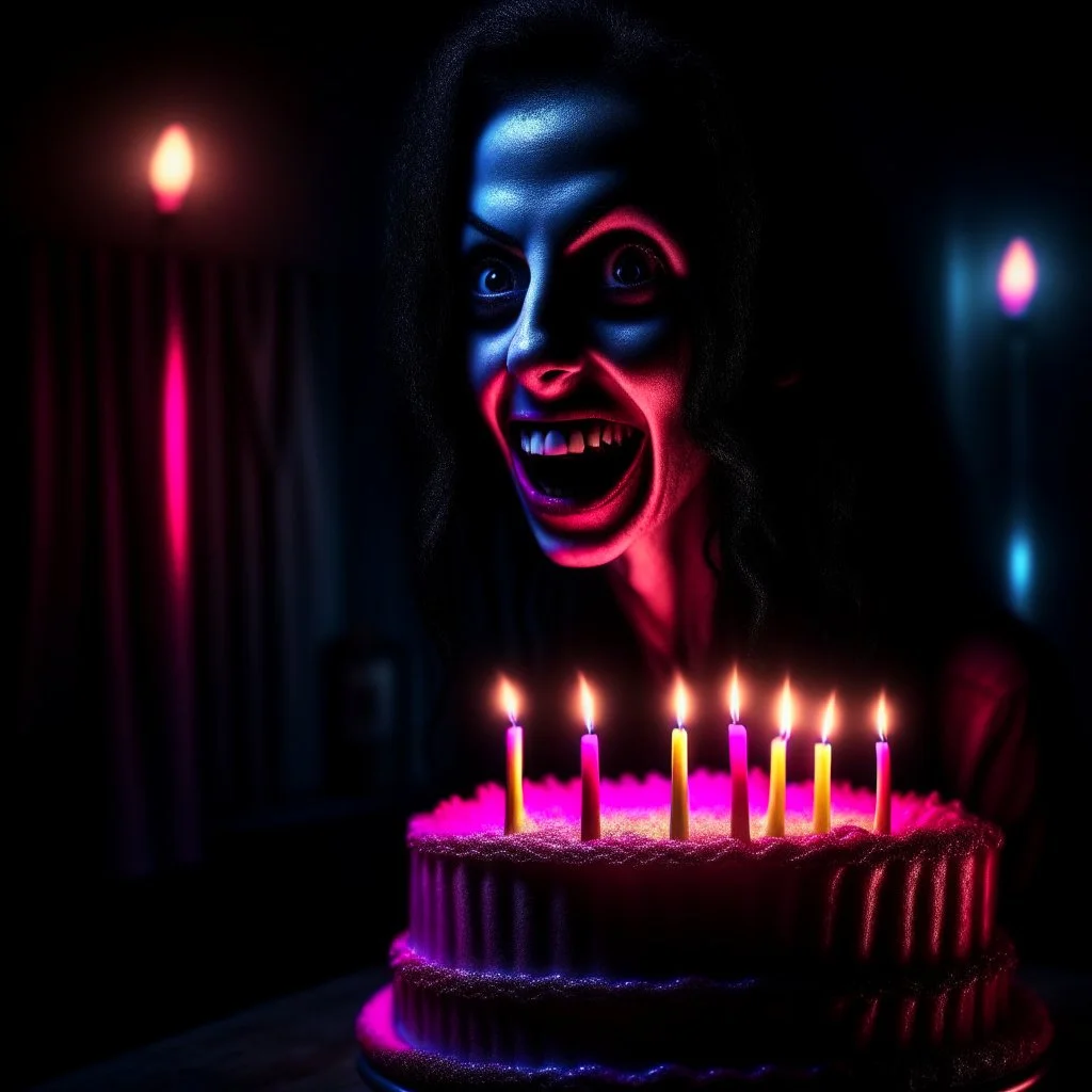 horror woman birthday, motion blur, 8k, downlight, soft light, depth of field, photorealism, trending on art station, lotsa detail