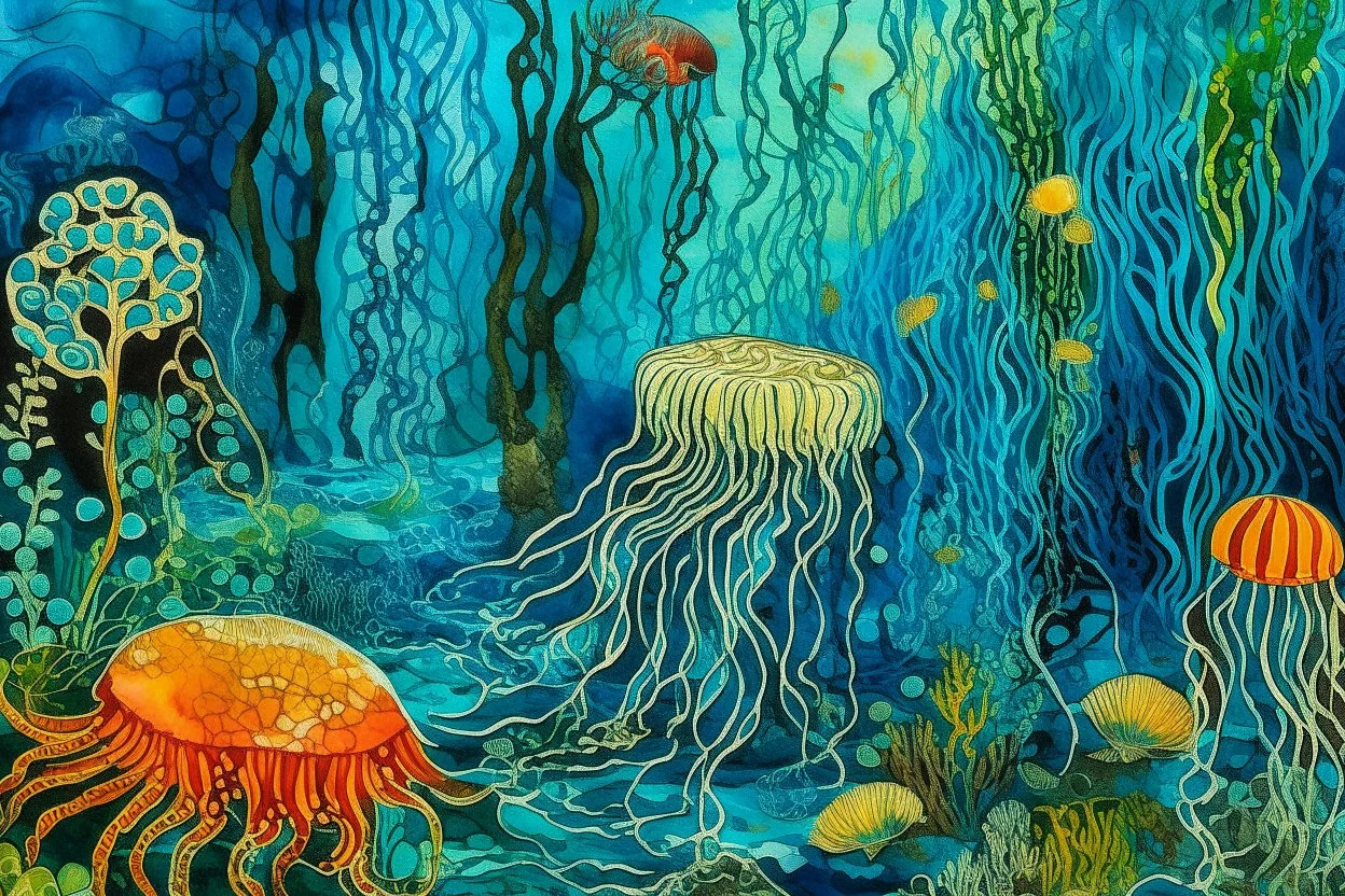 A blue underwater reef with electric jellyfish designed in ancient Greek mosaics painted by Jackson Pollock