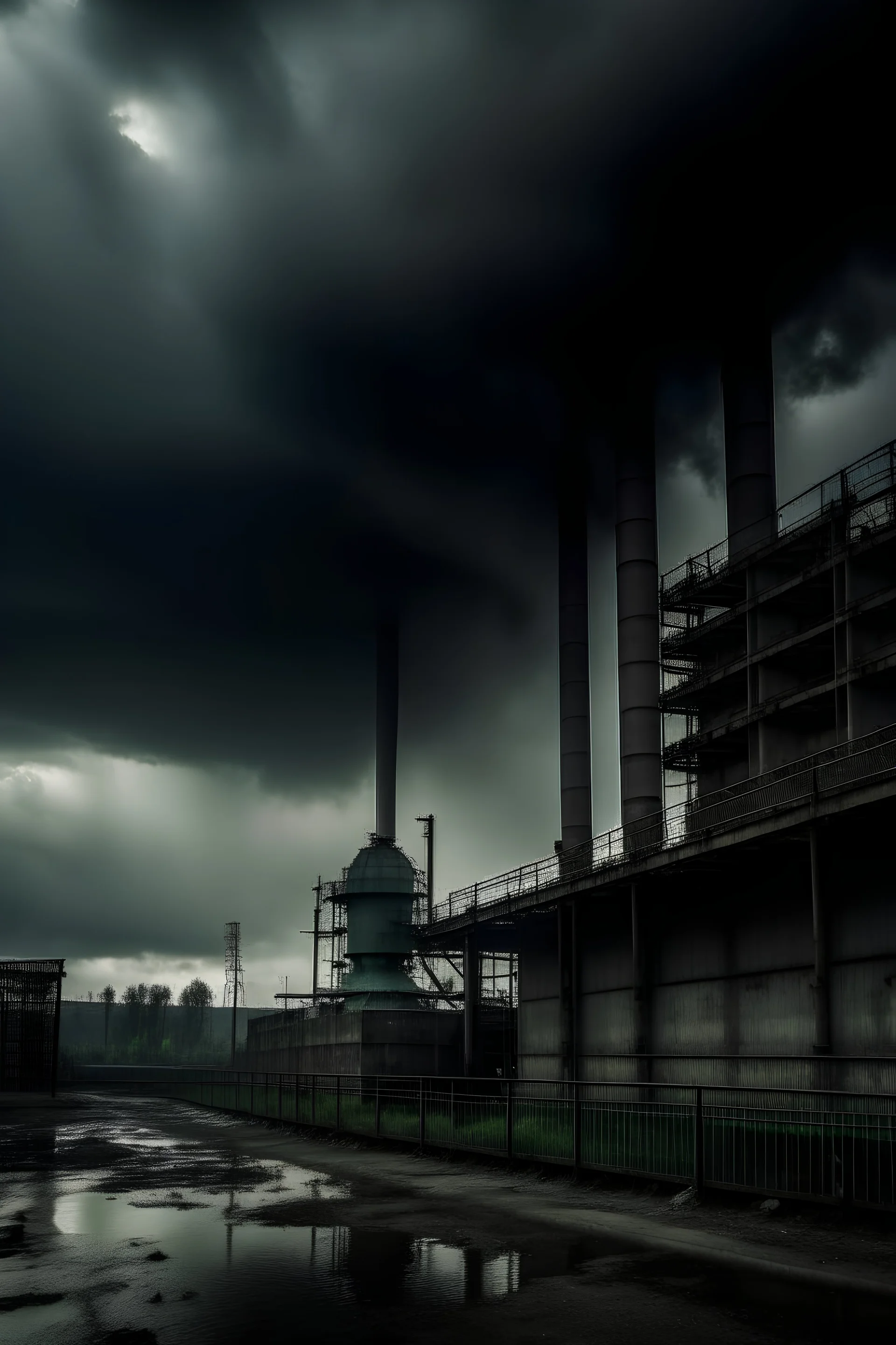 The factory emits carbon dioxide, the sky thunders, and the weather is terrible