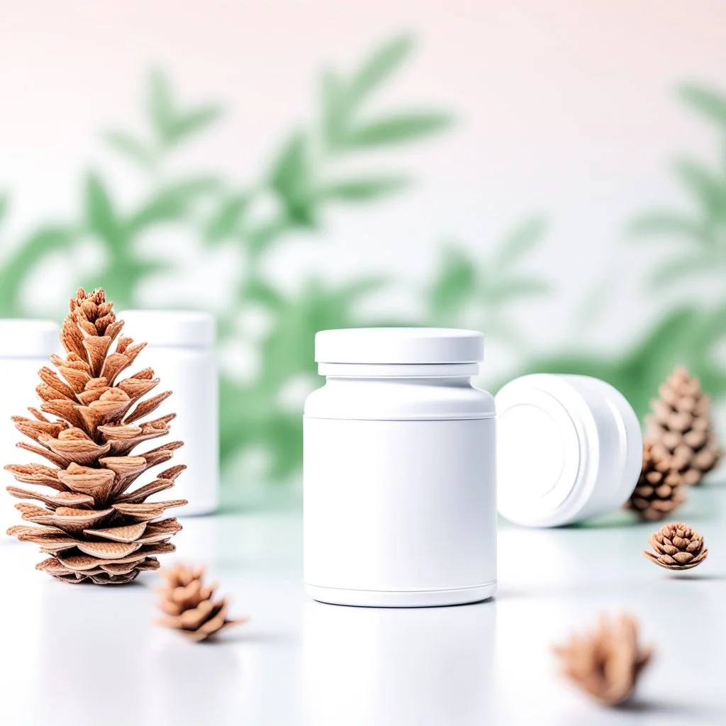 mockup is a white box of a medicinal product, on a background with pastel tones, cedar cones and foliage are blurred in the background Ai