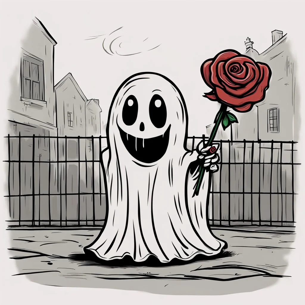 Vintage sheet Ghost animation, rubberhose drawing style, cute ghost with a rose alone on a street, cartoon art, hand drawn, cute horror, overexaggerated