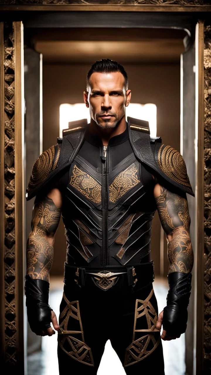 Jason David Frank as a Very muscular alpha male with short hair and tribal tattoos wearing a black designer suit , standing in a doorway