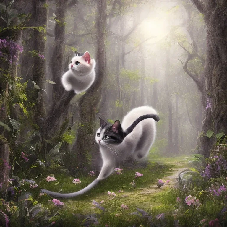 in a beautiful forest a black cat an a white cat run around