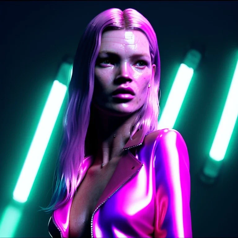 young kate moss, blonde replicant woman, blade runner style, rain, fog, neon ambient, gradient color, clean skin, circuits, latex coat, cyber punk, neon, tubes, portrait, studio photo, unreal engine 5, smooth color, 16 bit, god lights, ray tracing, RTX, lumen lighting, ultra deatail, volumetric lighting, 3d, finely drawn, hd.