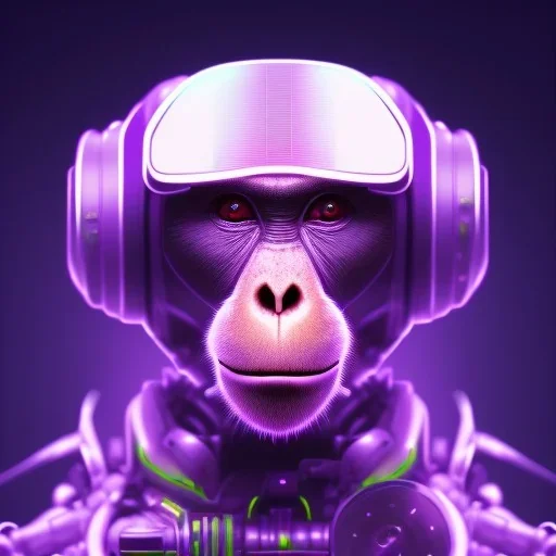 A beautiful portrait of a cyborg monkey purple neon color scheme, high key lighting, volumetric light high details psychedelic background