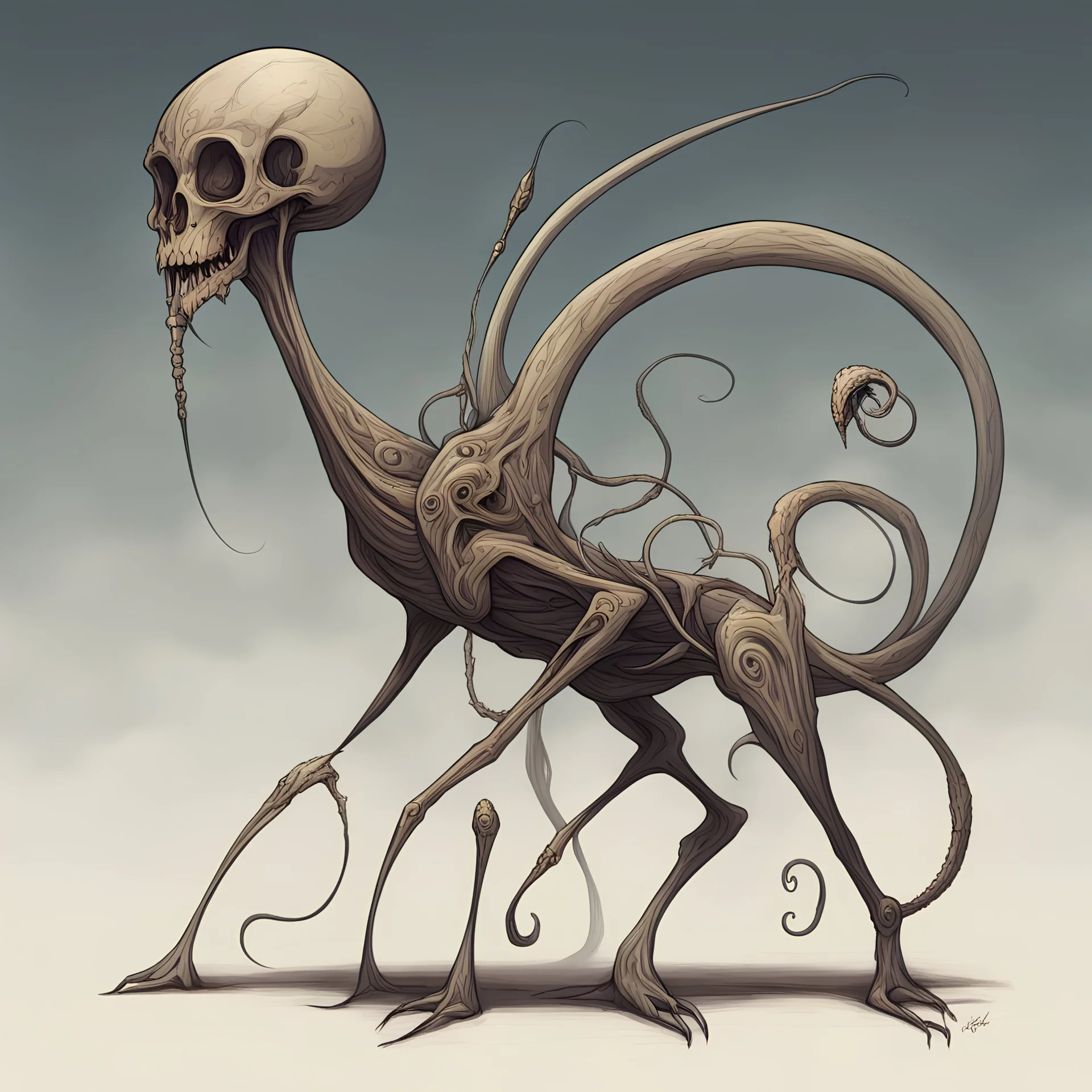 sinuous long-limbed long-tailed creature with a beast-skulled head with a paralyzing touch, in biomorphic art style