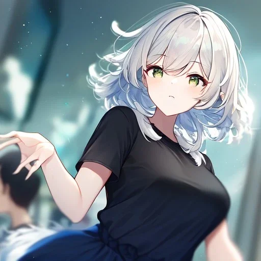 Clear focus, High resolution, light grey short hair, dark green eyes, wearing a black t-shirt and blue skirt, fluffy hair, detailed outfit, really fluffy hair