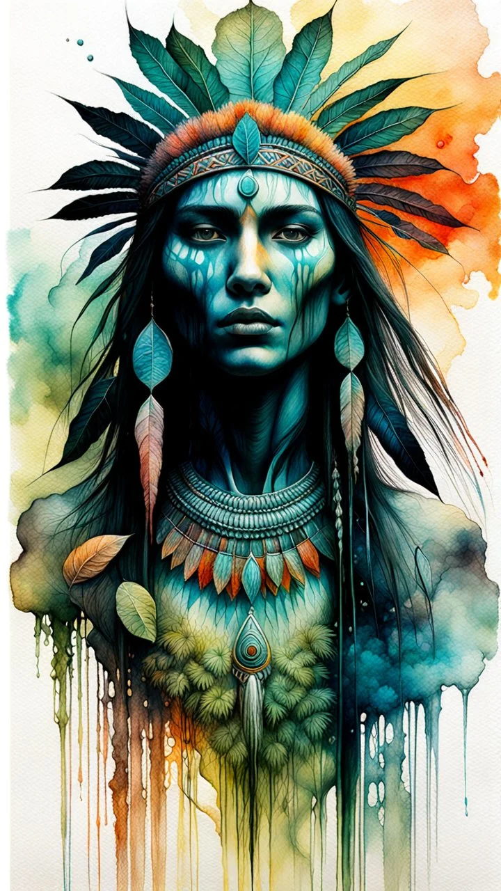 Zdzislaw Beksinski, and Peter Gric style ink wash and watercolors , full body illustration of a beautiful young Native American girl , highly detailed facial features, mixed to anatomical portrait front view, visible plant like skeletal structure, wildly flowing splash colours , 8k octane, all in focus, clean , no grain, ethereal, otherworldly concept art in vibrant natural colors , do not include her face , it should be clean , make the neck shorter and remove the paint on her face