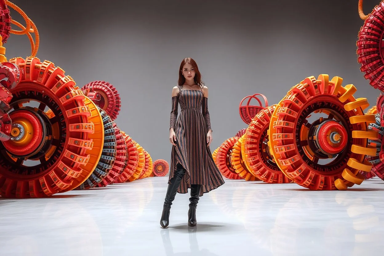 beautiful full body with long boots and midi dress lady in surreal world made of fractal random size mechanical basic objects with helical strip colors,geers, in clothing similar to environment full body posing to camera