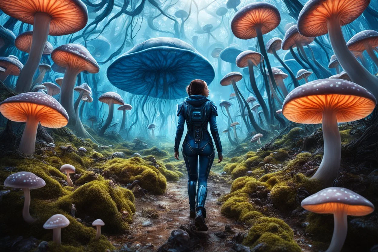 Woman in an Android suit, Walking Through Alien Mushrooms With Jellyfish Tentacles, Floating Through An Alien Forest, Floor and walls Covered In Mushrooms, Photorealistic, Deep Colour, Intricate Detail, Sunshine, Blue Sky