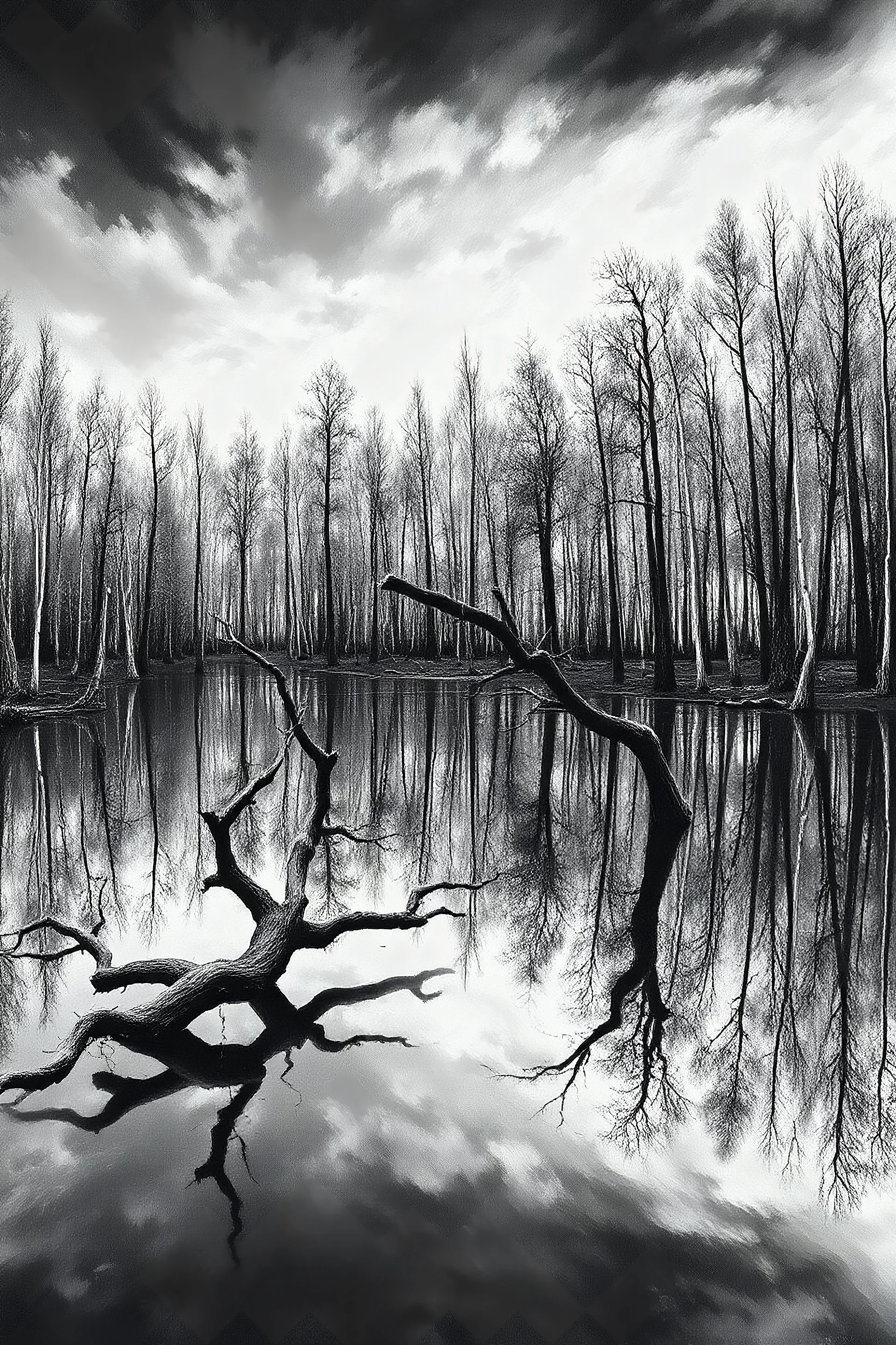 Scary surreal black and white distorted painting of thousands of trees reflecting in a scary lake with distorted reflections in the water with twisted trees dying in the water.