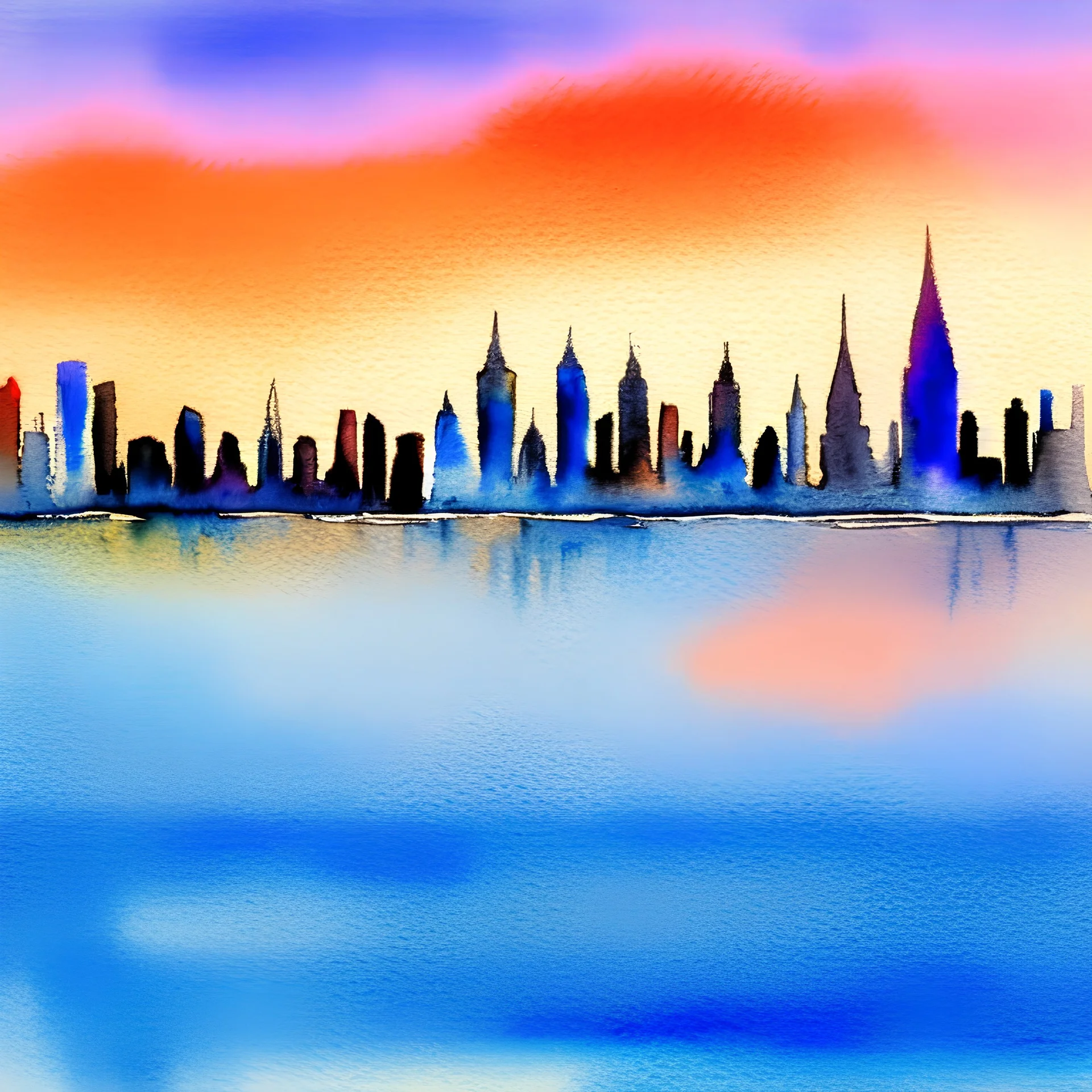 City skyline across the water at sunset watercolor