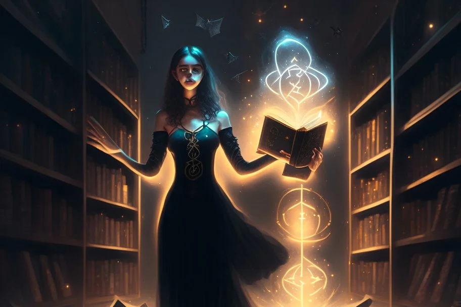 full-height shot of a woman in a tight black dress, holding up small glowing symbols, inside a magic book shop