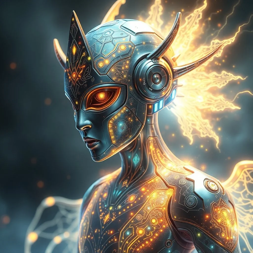 A shimmering, ethereal silicon sentinel, guardian of a mythical realm, emanates an otherworldly glow. This fantastical being is depicted in a detailed digital painting, showcasing its intricate circuitry etched in glowing patterns. The image captures every minute detail, from the intricate filigree adorning its metallic surface to the pulsating energy emanating from its core. The colors dance with an intensity that seems to leap off the screen, drawing the viewer into the enchanting world of thi