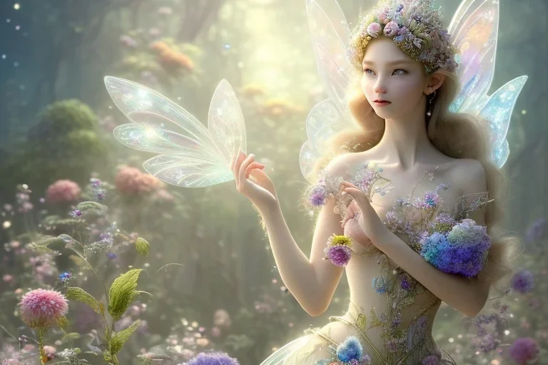 one very little beautiful fairy on a big crystal subtle flower in a galactic ambiance, transparent petals, delicate colors, in the foreground, full of details, smooth, bright sunshine，soft light atmosphere, light effect，vaporwave colorful, concept art, smooth, extremely sharp detail, finely tuned detail, ultra high definition, 8 k, unreal engine 5, ultra sharp focus