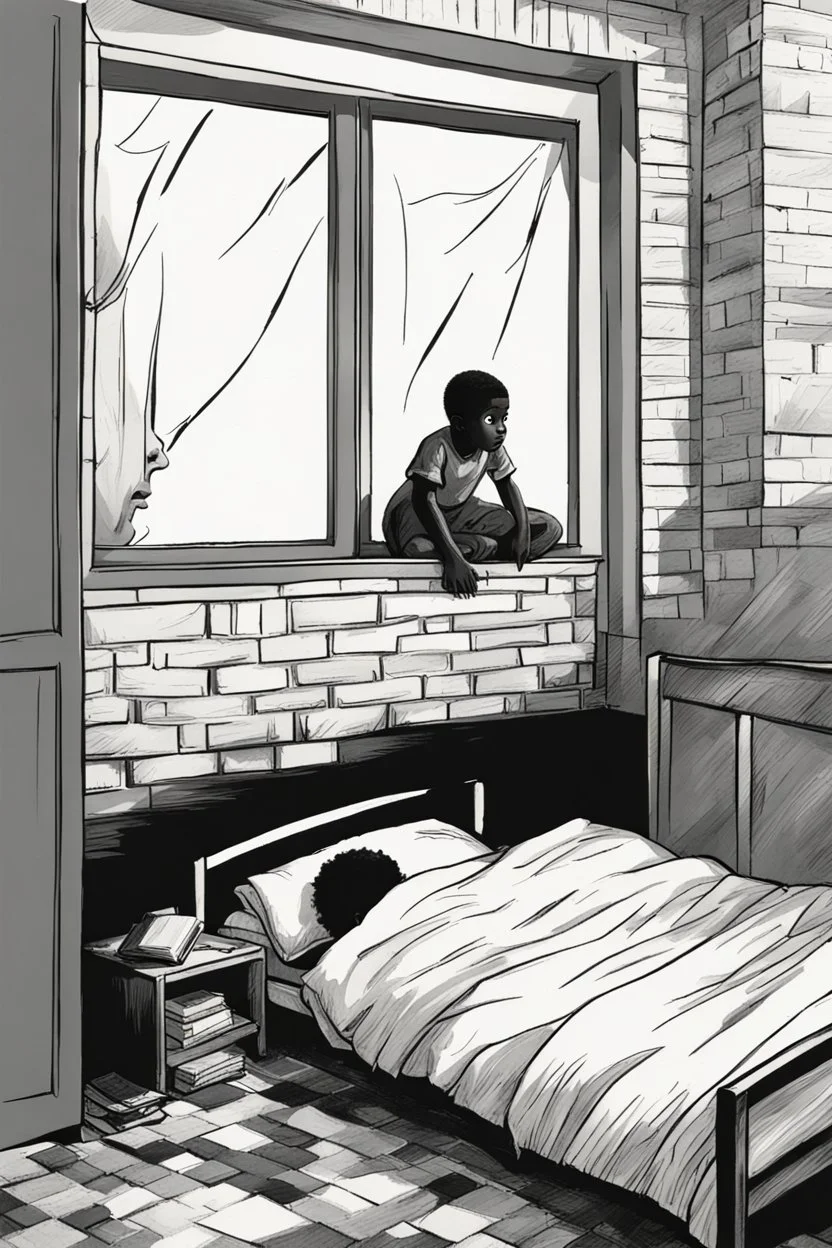 A scared black child lurking scarely over the edge of his bed. His bed is balanced on bricks at all four corners, under the bed is a small, mischievous spirit