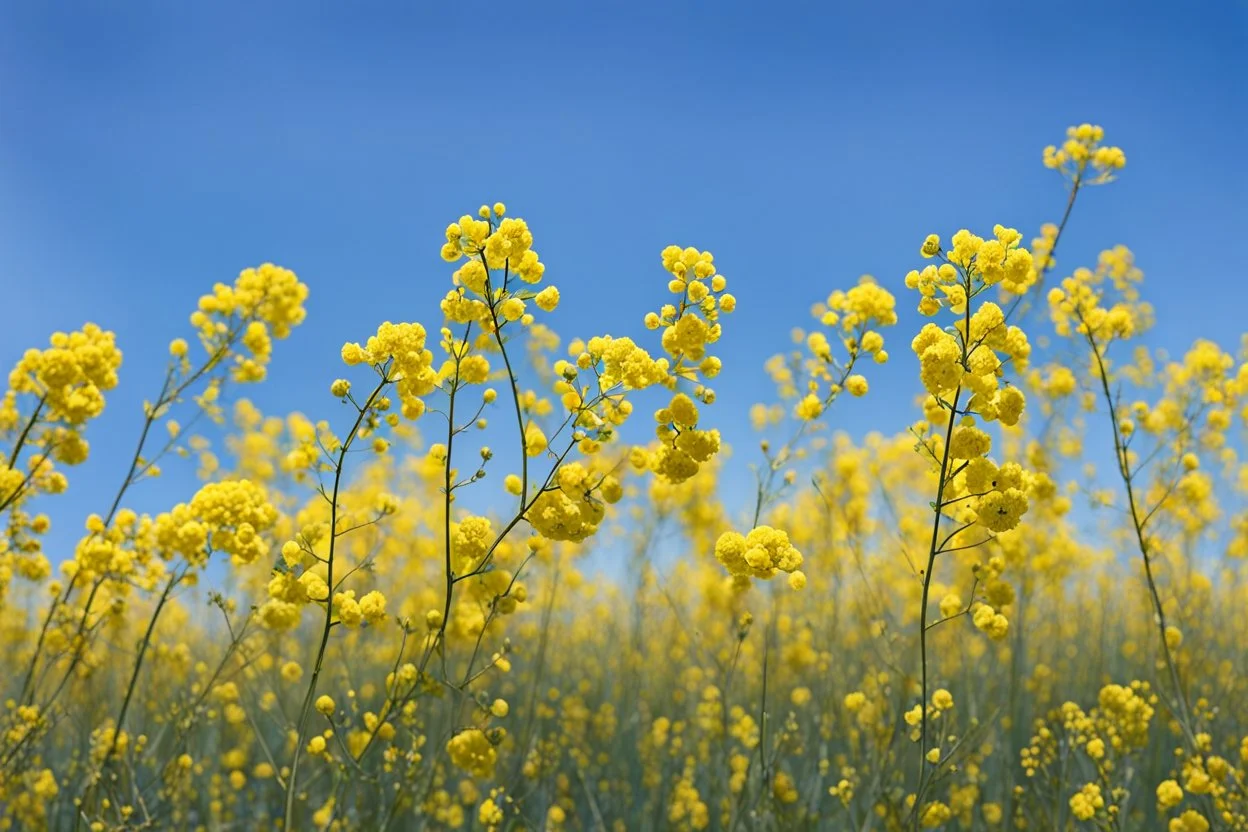 clear blue sky for top half, across Middle is canola flowers with canola stems branches and leaves below, rapeseed sharp focus, realistic