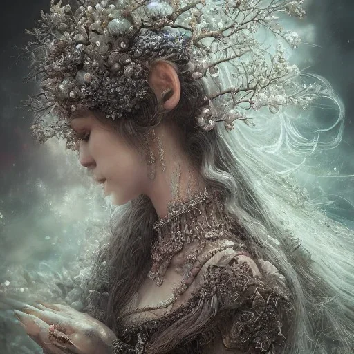 Insanely detailed photograph of an “portrait of gorgeous winter goddess ” with intricate hair, intricate embroidered dress, beautiful clear face and hyperdetailed painting by Ismail Inceoglu Huang Guangjian and Dan Witz CGSociety ZBrush Central fantasy art album cover art,8K, hdr, romantic, mysterious, ominous, beautiful flowers, jewelry, comfort, natural eyes,naked,tasteful