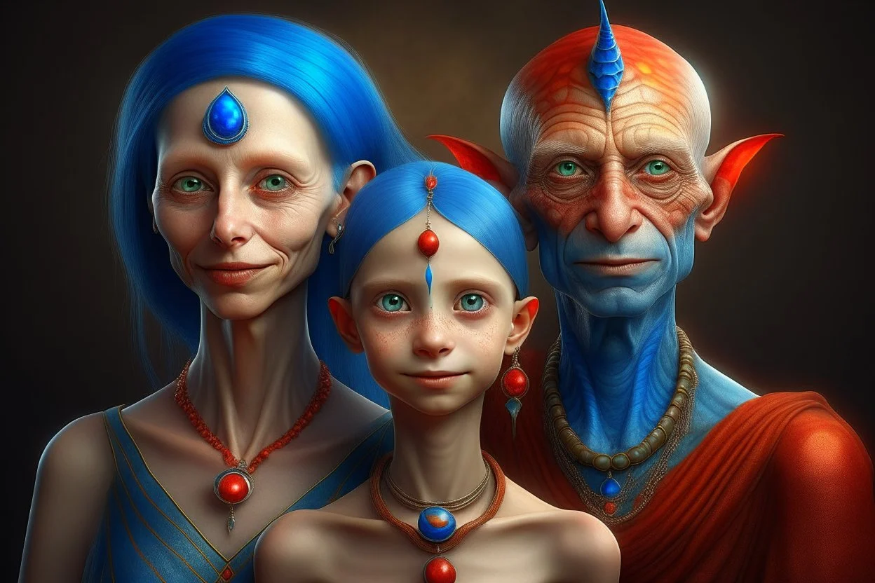 { mature woman, young man, little girl } with { red, blue, amber} skin looks like an alien, long neck, ear like bat wings, big eyes, beautiful, little hair, royal with jewlery, photorealistic, elongated head, skin decorations --v 6