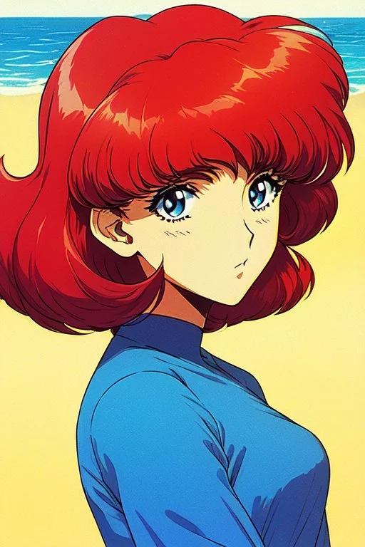 1girl, retro anime, 80's, redhead,portrait, synth-wave colors, beach
