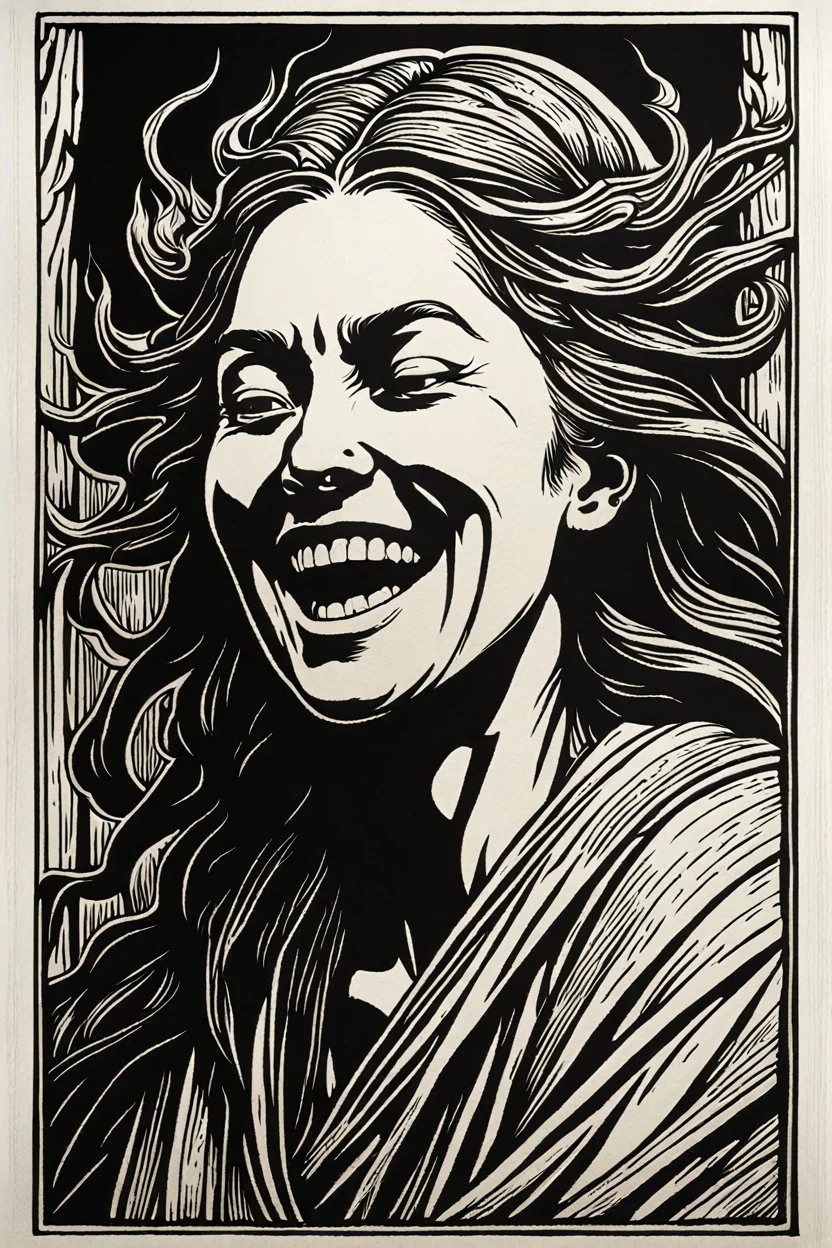 create a deeply powerful evocative, full body woodcut of a laughing and mocking druid maiden girl with finely detailed and deeply cut facial features, in the style of KATHE KOLLWITZ , searing lines and forceful strokes, hyper detailed and precisely cut