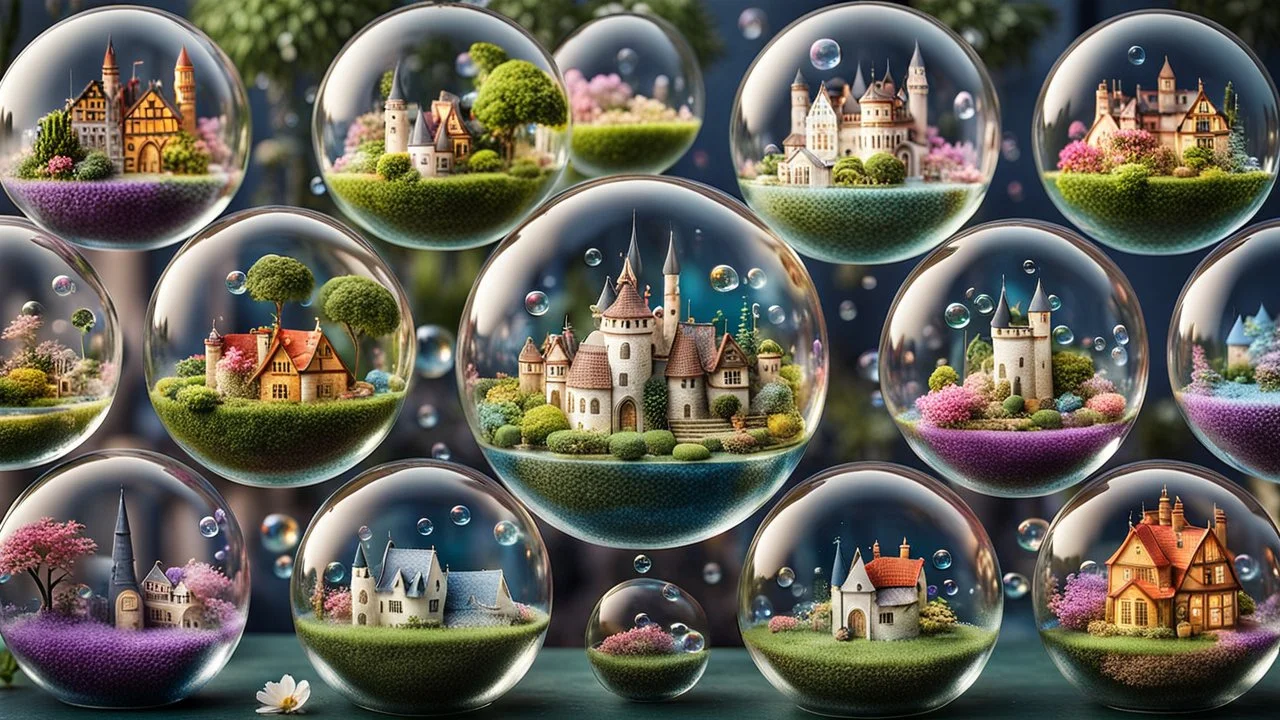 A stunning 3D render of miniature worlds, captured in floating transparent bubbles. Each bubble showcases a unique scene, such as quaint villages, mystic, gardens, tropical island, enchanting castles, alien palnet, or whimsical fairy-tale landscapes. The miniature towns with featuring quaint houses, markets, and charming residents. In the gardens colorful delicate flowers and lush greenery. The castles are majestic and grand, with towers, big gates. Unusual and captivating plants coexist with ma