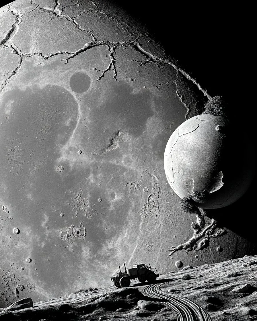 aerial lunar reconnaissance satellite image of a young impact crater with larger regolith along right ride. A damaged metallic alien sphere with fracture lines like an egg. organic growth across regolith and up crater walls. Along the lower frame edge a small modern bare-bones lunar-vehicle sits near the rim with visible wheel tracks. comic pencils