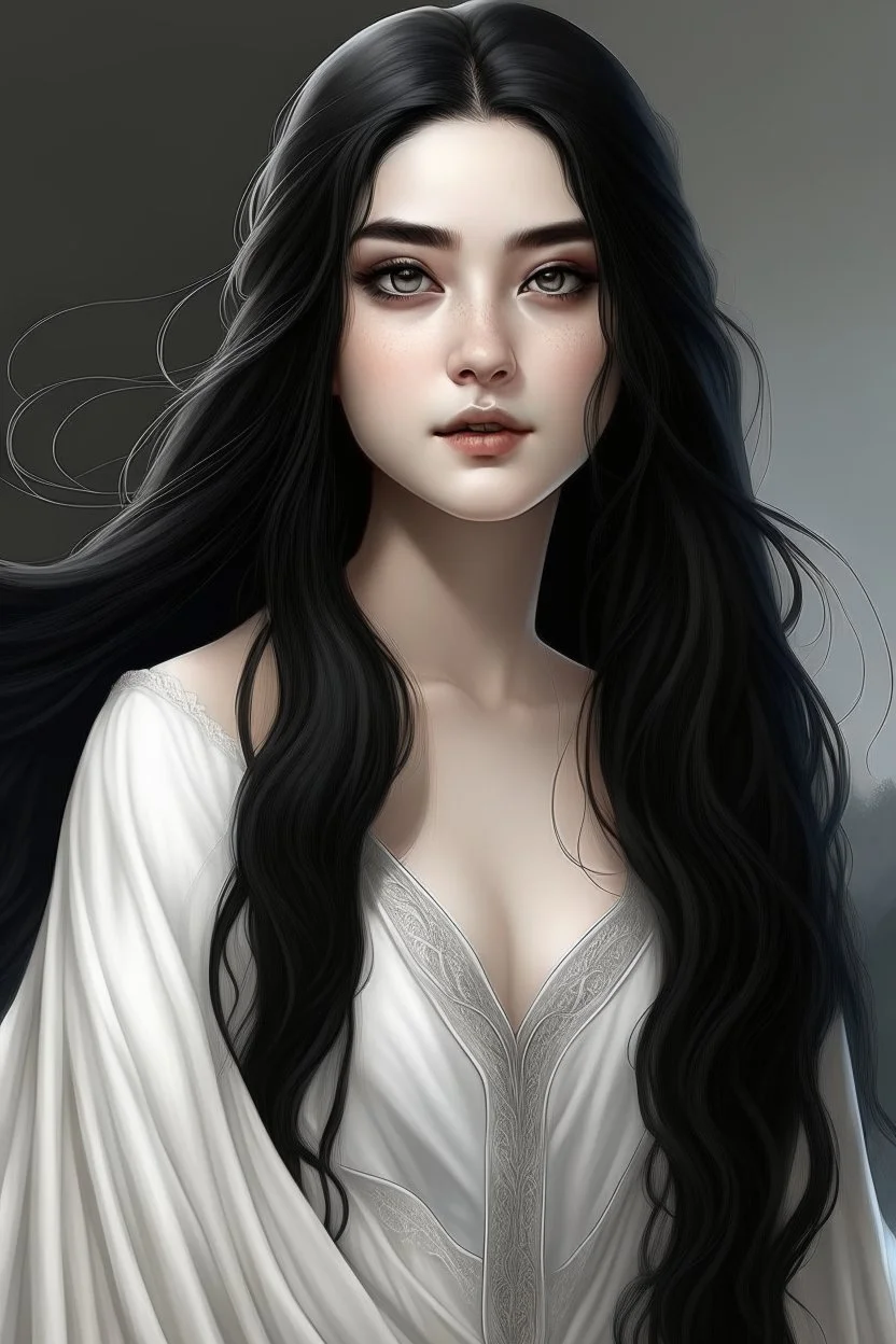 a 16 year old woman, white skin, long wawy black hair, beautiful round face, black eyes, in a white dress, realistic epic fantasy style