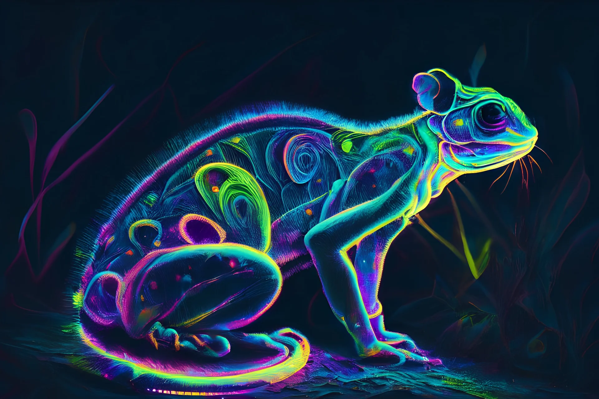 iridescent glowing chameleon in the darkness, points of light, shimmering, in oil paints, realistic ,vibrant, luminous, neon, psychedelic, intricate