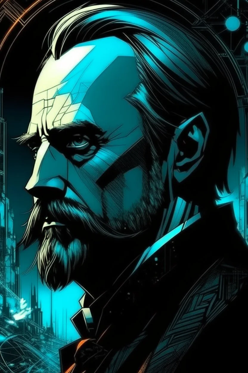 Best quality, masterpiece, ultra high definition,Futuristic, cyberpunk, Friedrich Nietzsche,Comic style