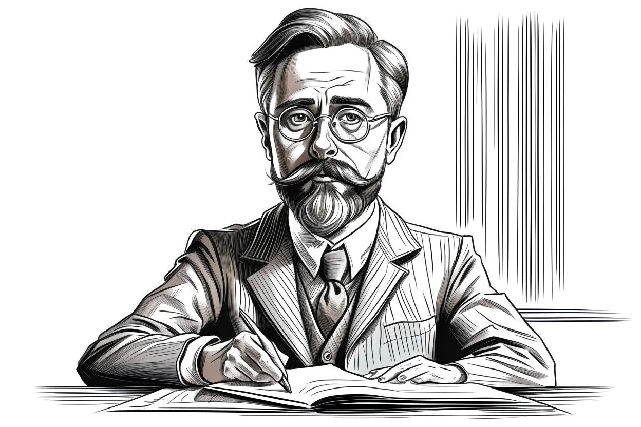 wide russian man sitting at desk, portrait, speech, nametag, glasses, neck beard, short hair, mustache, suit; caricature style, sketch art; black and white; grayscale, pencil drawing