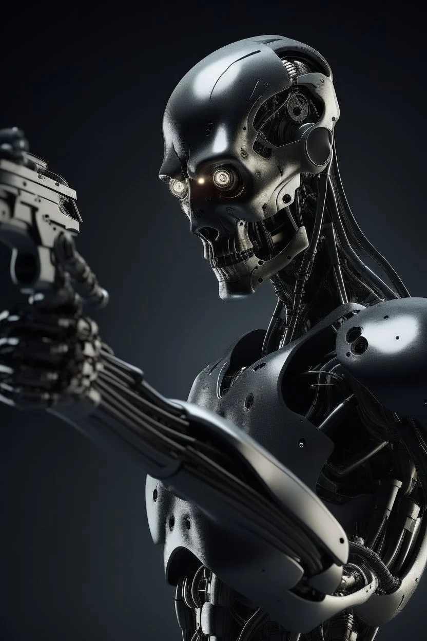 a scary cyborg with a gun searching for humans looking right and is far away