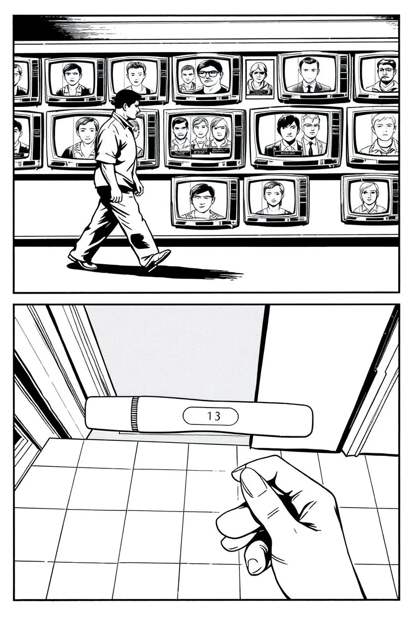 uncolored comic book page: top panel(ban walking past a display of televisions on which a bulletin of wanted criminals mugshots appears), bottom panel(pov a woman's hand holding a pregnancy test that shows a positive result, tile floor below), panels divided at an angle